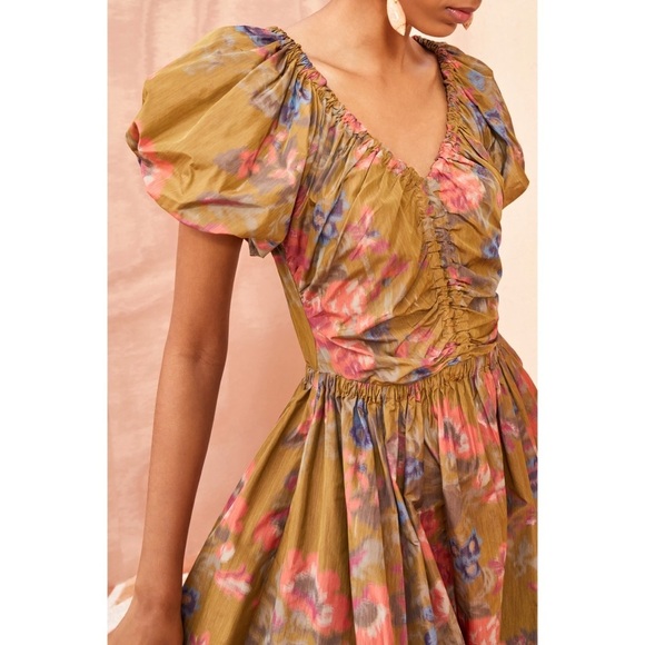 NWOT Ulla Johnson Midi Green Puff-Sleeve Floral Cecile Dress - Picture 3 of 6